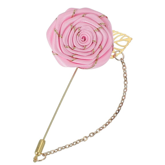 Rose Lapel Pin for Men Suits, Men Cloth Rose Flower Brooch Pin Handmade Boutonnieres Pins with Gold Leaf/Chain Brooch for Men Suit Accessories, Pink