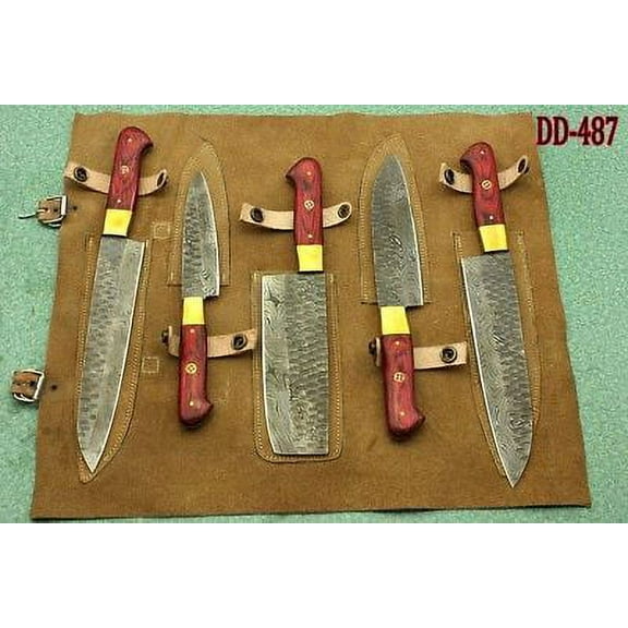 5 Pieces Damascus steel Hammered kitchen knife set, Custom made hand forged Damascus steel full tang blade, Overall 54 inches Length of Hammered Damascus sharp knives, Cow hide suede Leather sheath