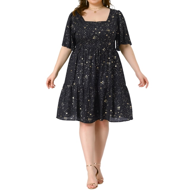 Vestidos de Verano de Talla Grande Agnes Orinda con Cuello Cuadrado de Volantes Cortos Brillantes Vestido de Fiesta 1X Negro