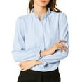 thumbnail image 3 of INSPIRE CHIC Easter Outfit Women's Ruffled Trim Button Down Stand Collar Long Sleeve Blouse Top XS Light Blue, 3 of 9