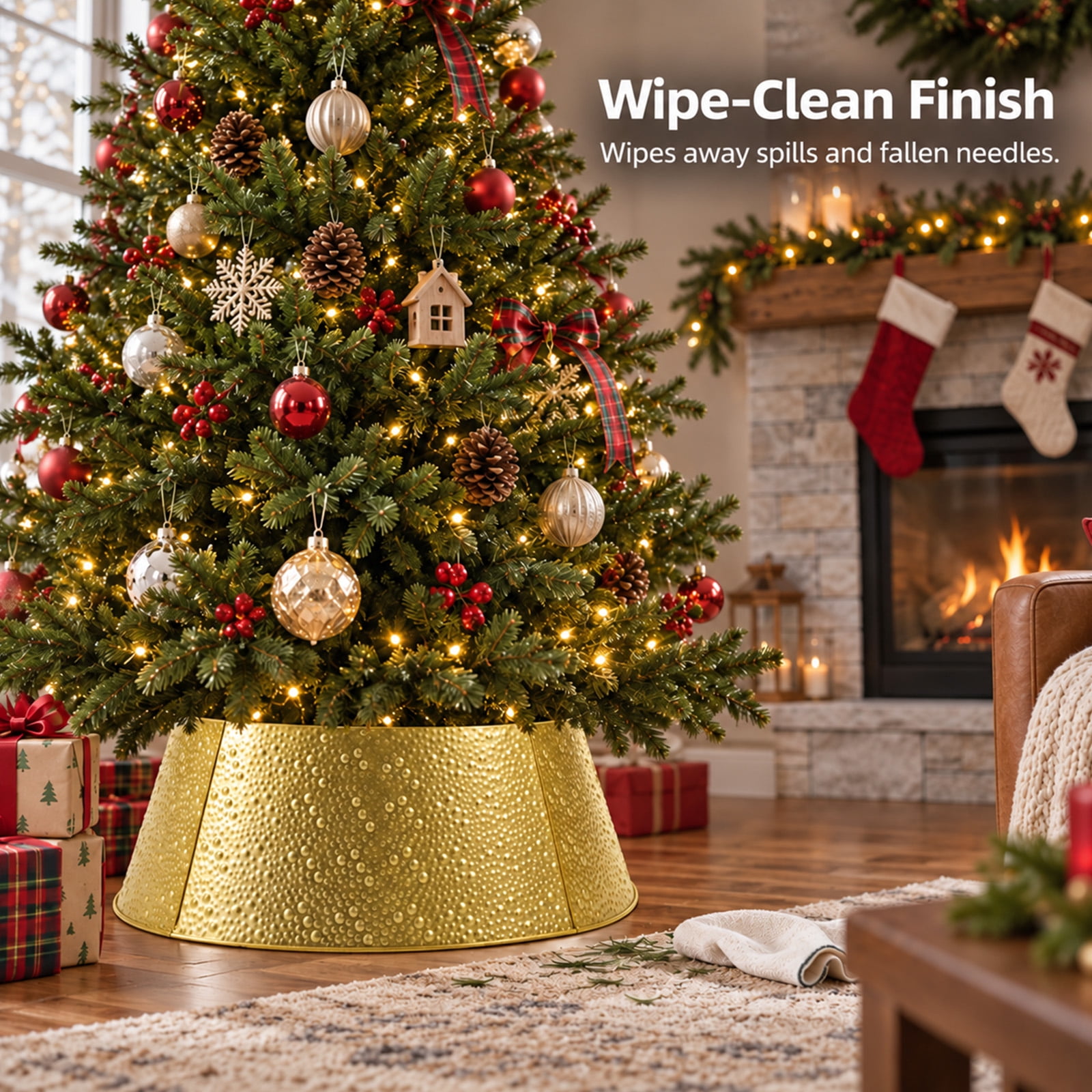 Alvantor Metal Christmas Tree Collar, Waterproof Cover, Gold, 26.57 x 22.05 x 9.45 In