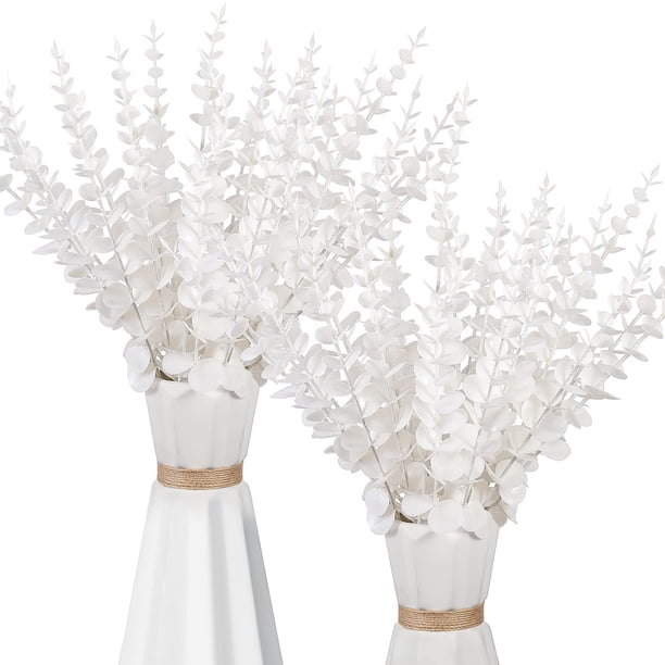 Zhuge 18 piezas de tallos de eucalipto artificiales, tallos de hojas de eucalipto artificiales, flores artificiales para el hogar, oficina, ramo de flores, centro de mesa, color blanco