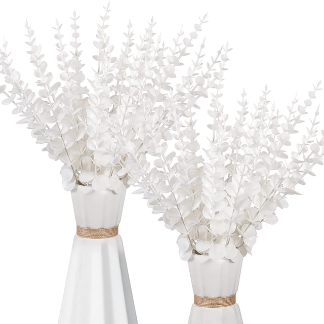 Xiao Hua 18 tallos de eucalipto artificiales, hojas de eucalipto, flores artificiales para el hogar, oficina, ramo de flores, centro de mesa, decoración de boda, decoración navideña, color blanco.