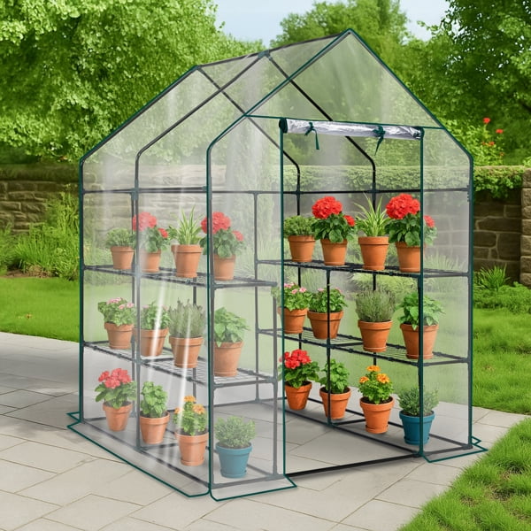 Mini Walk-in Greenhouse with PVC Cover, 8-Shelf Indoor Outdoor Plant Gardening Green House for Garden Backyard, 56" x 56" x 77", Transparent