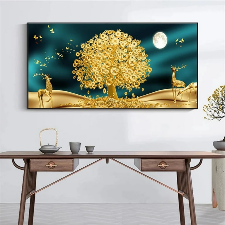 Golden Wall Art Deer Money Tree Canvas Painting for Living Room Bedroom Home Decorations Wall Decor 20x40 inch1pcs Unframed