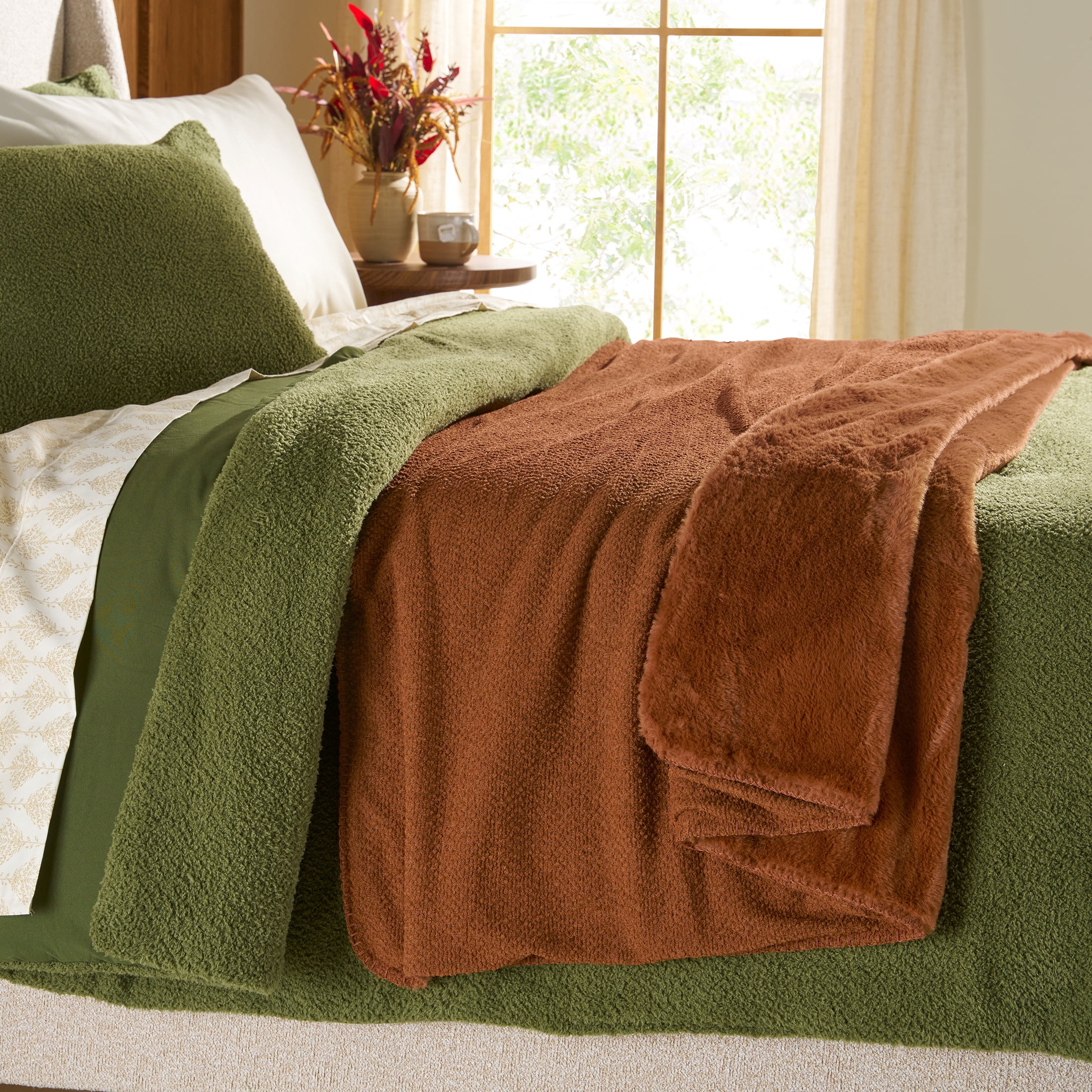 Better Homes & Gardens Gingerbread Cookie Boucle Reverse to Faux Fur Oversized Throw, 50 in x 72 in