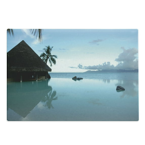 Landscape Cutting Board, Rock Pool Part of the Sea Serene Nature with Old Wooden House Scenery, Decorative Tempered Glass Cutting and Serving Board, Large Size, Blue Brown, by Ambesonne
