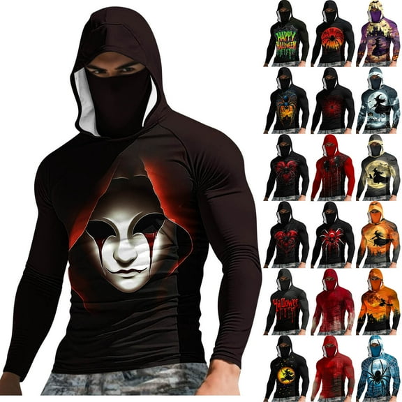 Wiicoznt Hoodies for Men Casual Loose Fits Halloween Prints Long Sleeve Pullover Face Mask Hooded Winter Hoodies with Pockets