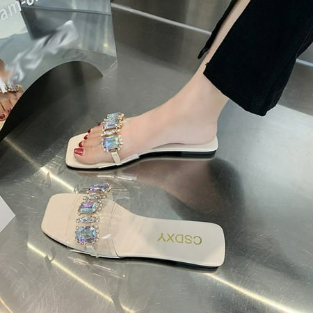 

Giligiliso Clearance womens Sandals ladies Summer Transparent Flip-Flop Square Flat Flat Rhinestone Slippers