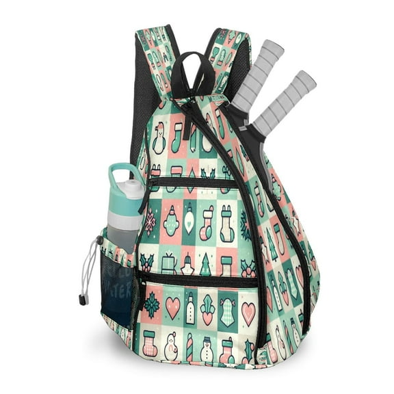 Pickleball Bag with Padded Back, Green Christmas Grid Multi-Compartment Paddle Backpack, Lightweight Nylon Sports Bag for Men & Women