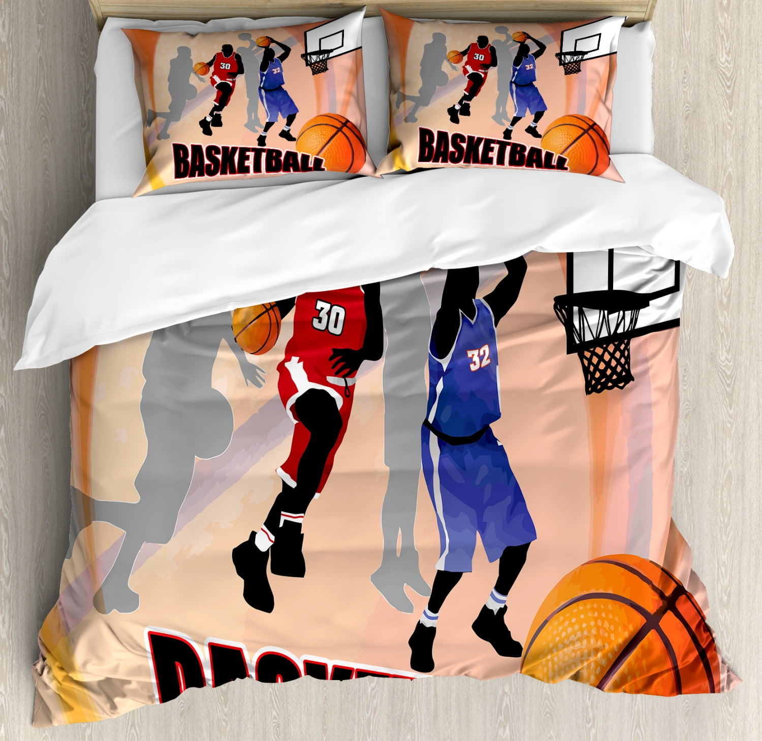 Basketball Duvet Cover Set, Basketball Action Players on Abstract