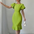 thumbnail image 4 of Trendy SMihono Women's 2025 Sexy Bodycon Dress Elegant Solid Color Puff Short Sleeve with Ruffle Hem Dress Going Out Knee Length Dresses Green M, 4 of 9