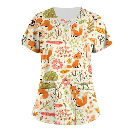 

Apepal Plus Size Cute Printed Scrub Working Uniform Scrub Tops for Women Cross V-Neck Short Sleeve Fun T-shirt Tee with Pockets