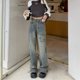 thumbnail image 2 of LEDP-pantalones vaqueros Retro para mujer, peto holgado de cintura alta, pierna recta, Pantalón ancho con borde crudo, diseño elástico, moda, 2 of 5
