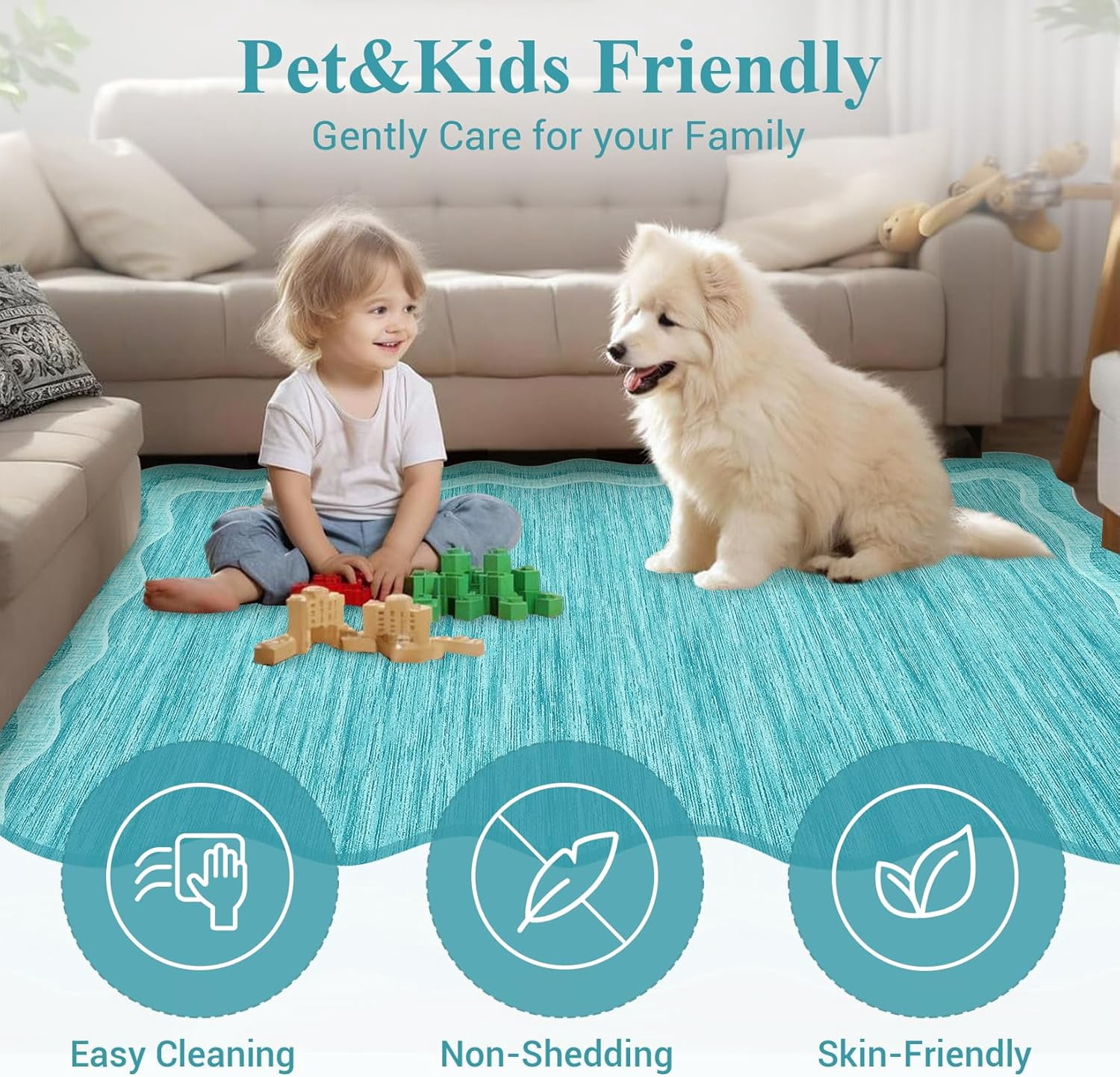 Low Pile Non Slip Area Rug Washable 5’x7’, Teal Scalloped Wavy Edge Indoor Carpet for Living Room Nursery Bedroom Office, Soft Neutral Home Decor, Teal