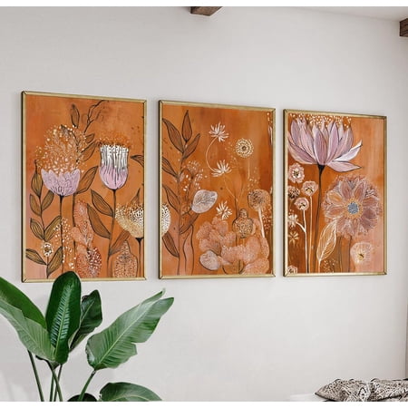 Rust Orange Botanical Floral Triptych Wall Art Print With Line Drawing Decor