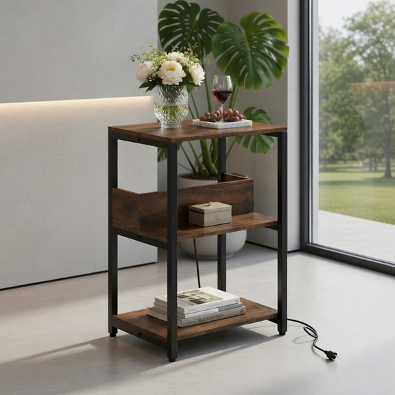 Resenkos Side End Table with Charging Station, Open Shelf Sofa Table for Living Room, Bedroom, Rustic Brown