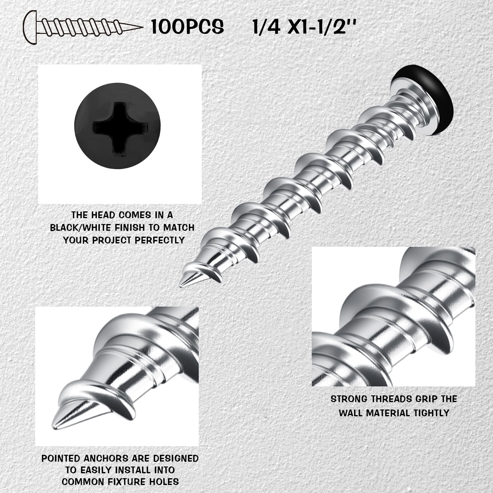 100 Pcs Drywall Anchors 1/4 x 1-1/2 Inch White Pan Head Alloy Steel Light Wall Anchors Heavy Duty Self Drilling Screws for Wood and Other Masonry Materials