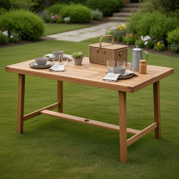 Topcobee Acacia Wood Outdoor Dining Table for 6, Heavy-Duty Wood Patio Table with Umbrella Hole, Ideal for Outdoor Gatherings, Dining Table for Outdoor-Natural