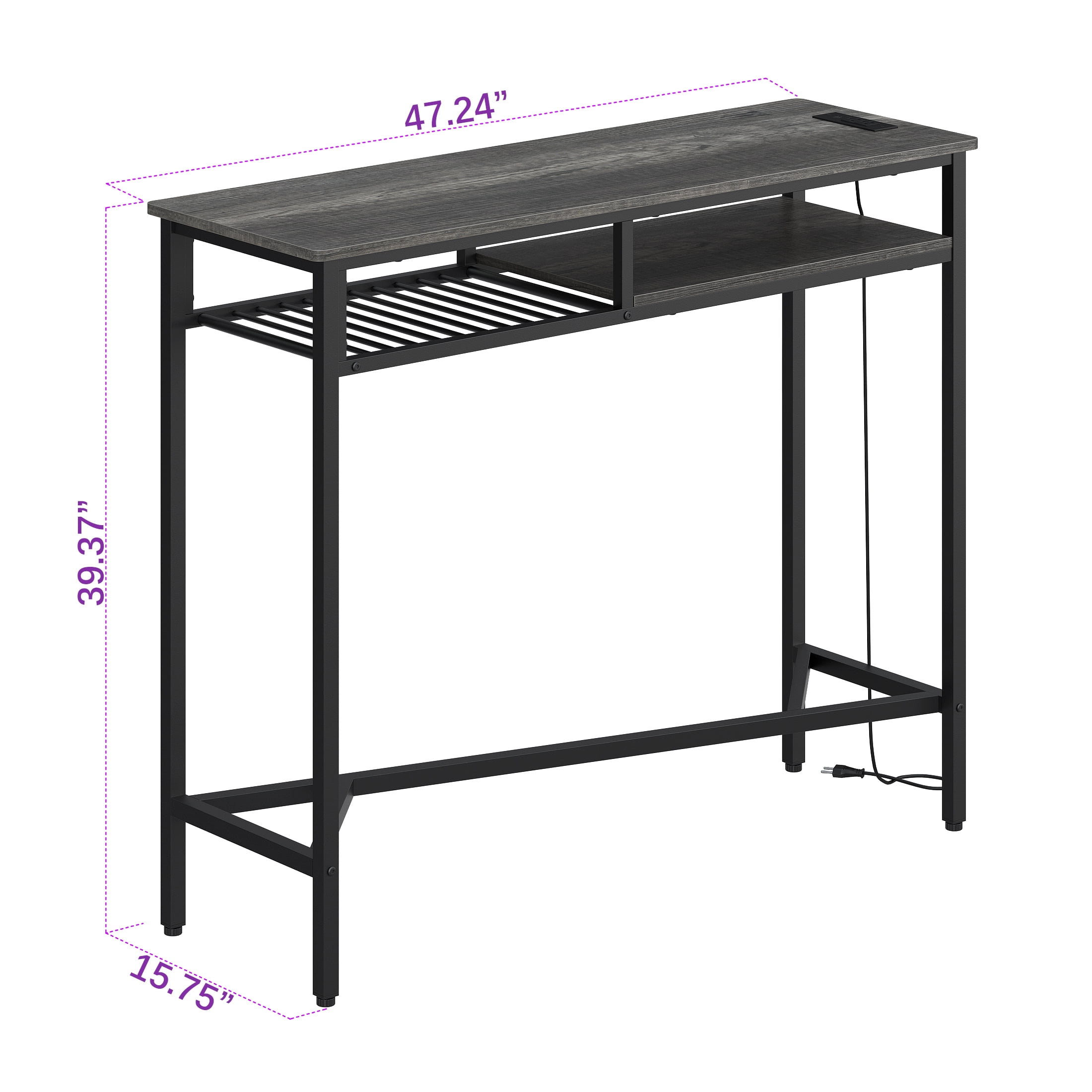 Yoneston 47.25" Bar Table with Charging Station, Rectangular High Kitchen Dining Counter Table with 2 Storage Shelves for Living Room Office Balcony, Black Oak