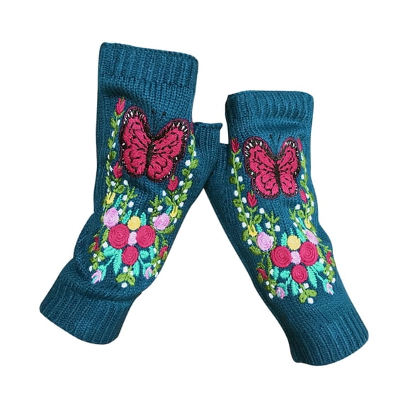 IMENGL Gloves for Women Soft Winter Hand Embroidered Winter Butterfly Long Warm Hand Knitted Comfy Women's Work Gloves,Blue