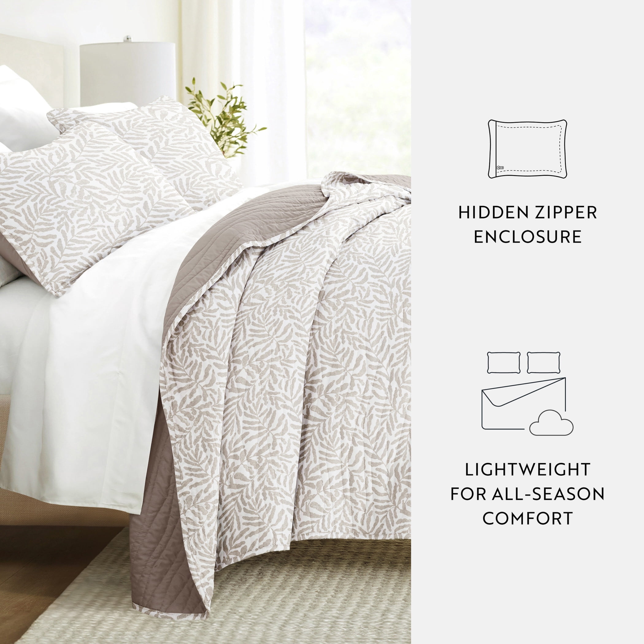 Noble Linens 3-Piece Taupe Tossed Ferns Reversible Quilt Set, Queen