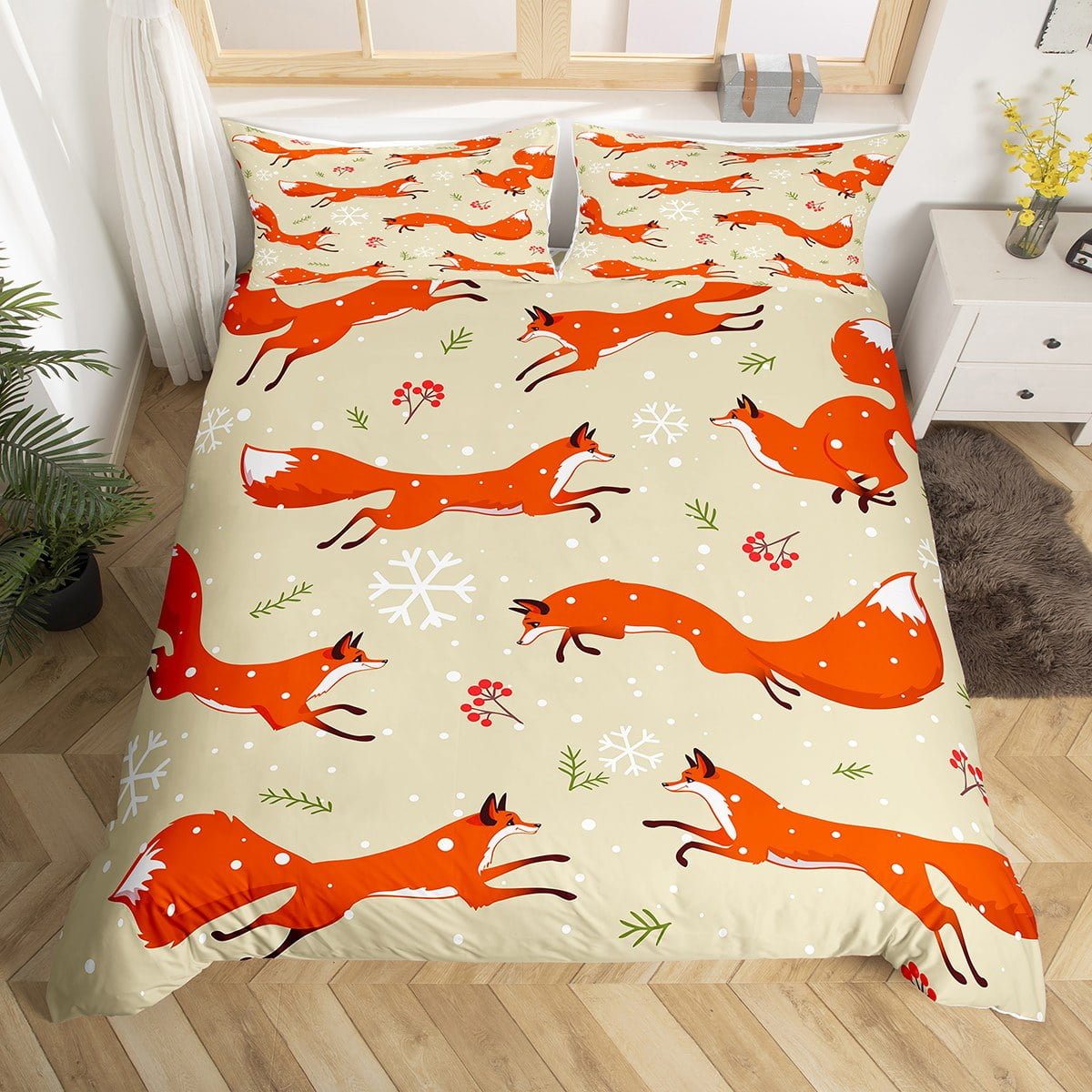 YST Running Fox Print Bedding Set Queen Size Cute Foxes Duvet Cover