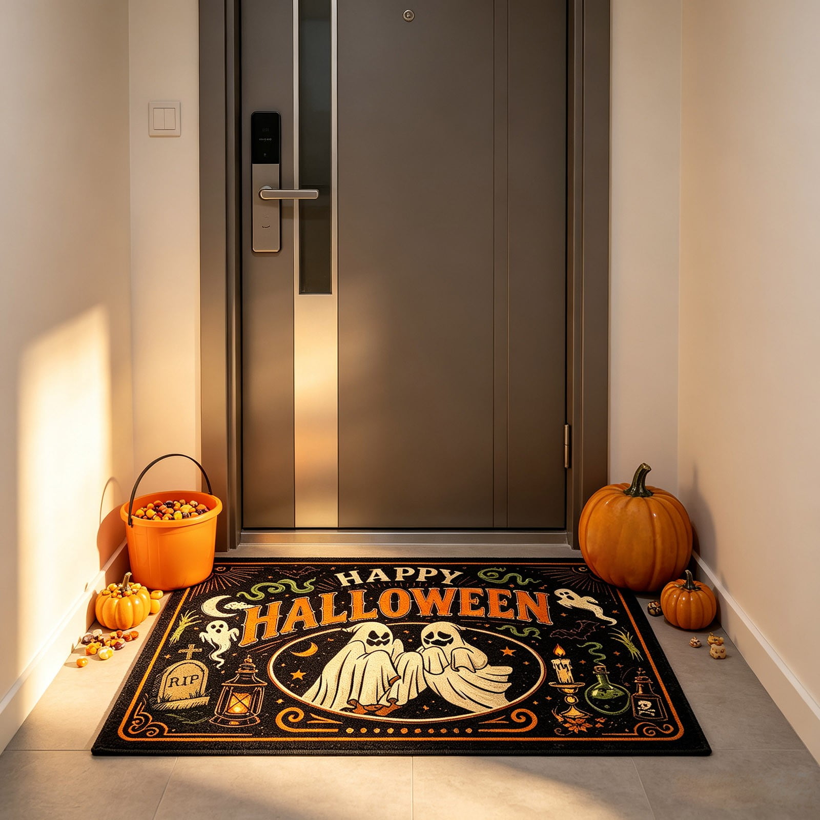 Halloween Entryway Doormat Spooky Welcome Floor Mat Non Absorbent Low Profile with Rubber Backing for Front Door Indoor Entry and Seasonal Decor C