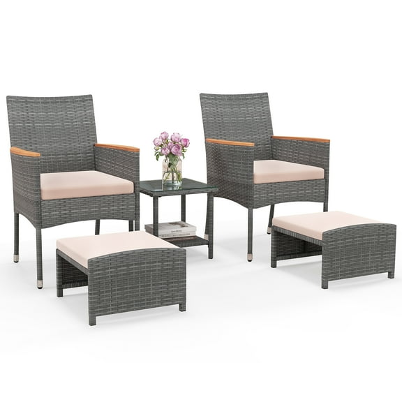 Gymax 5 Pieces Wicker Patio Furniture Set PE Rattan Porch Chairs w/ Ottomans