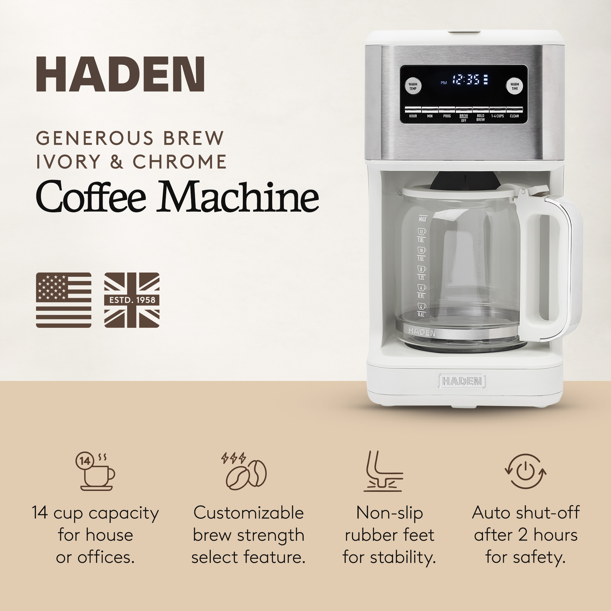 Haden Generous Brew 14 Cup Programmable Digital Coffee Maker, Ivory/Chrome