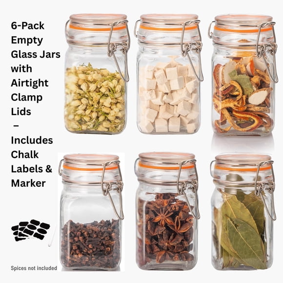 Set of 6 (9.6 oz) Glass Spice Jars Bottles with Airtight Lids and Leak Proof Rubber Gasket