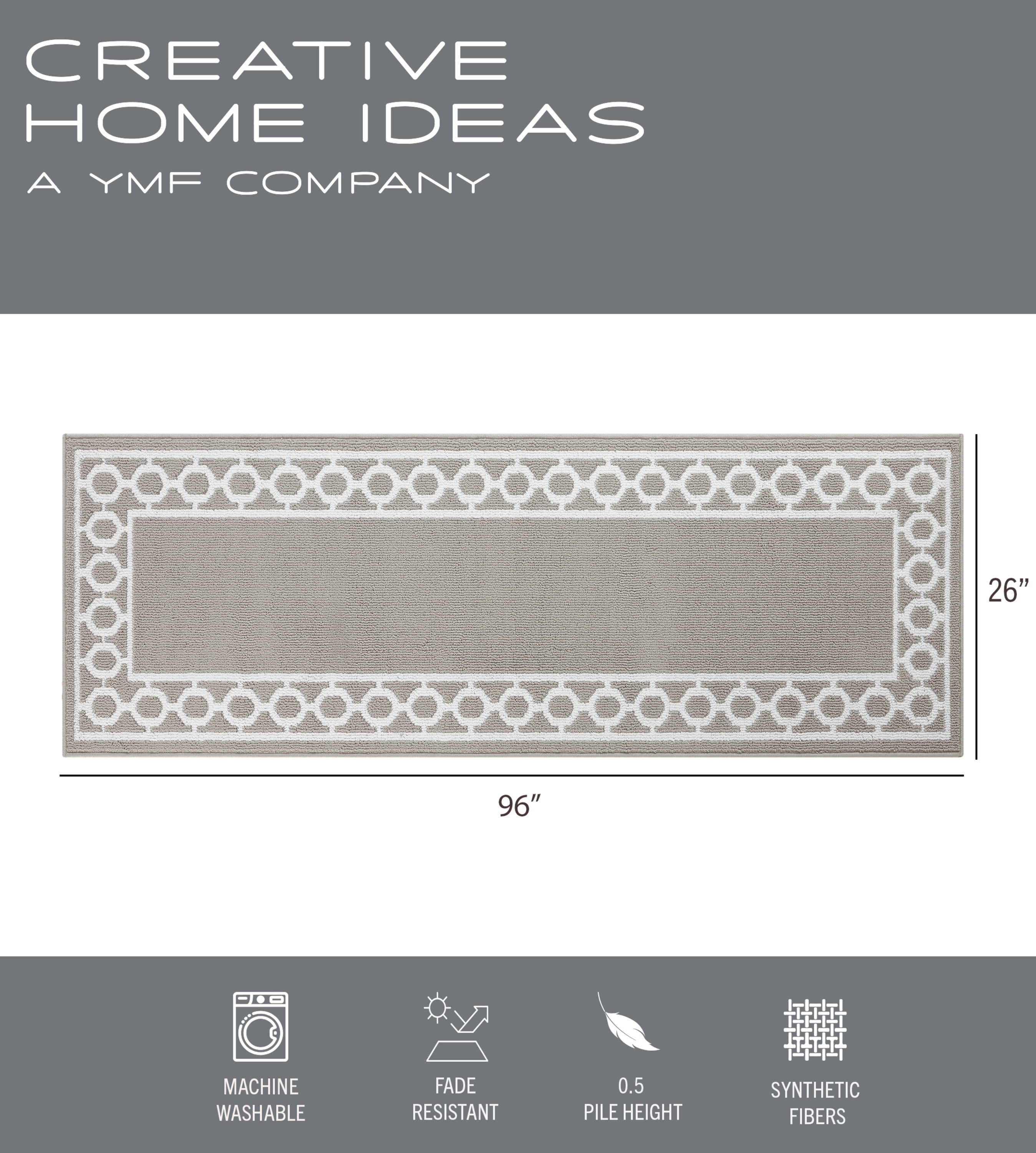 Washable Skid-Resistant Runner Rug, Trellis Border, Light Grey and White, 26" x 96"