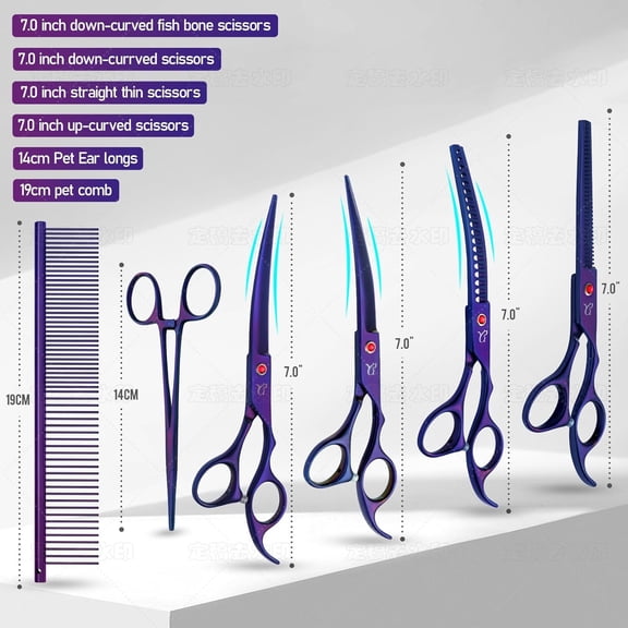 Dog Grooming Scissors Set,  Curved Chunkers Shears with Safety Tips, Professional Pet Hair Cutting Kit