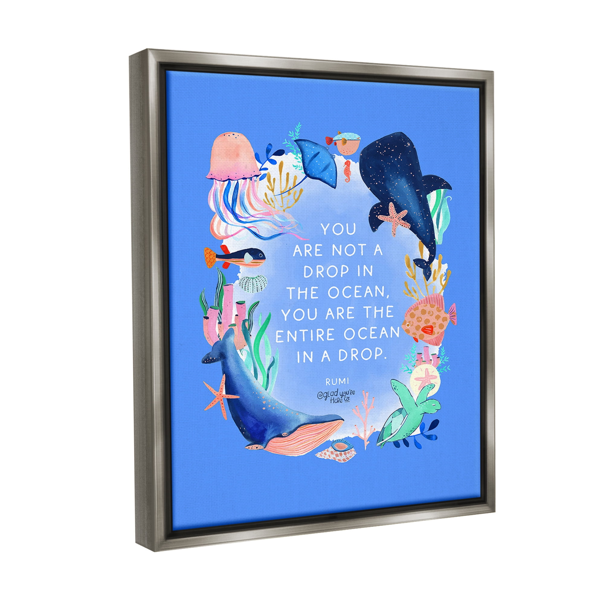 Stupell Industries Ocean In A Drop Phrase Animals & Insects Painting Gray Floater Framed Canvas Art Print Wall Art, 25 x 31