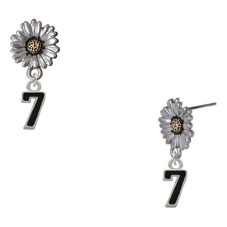 Delight Jewelry Silver-tone Black Number – 7 – Two-tone Daisy Flower Post Earrings