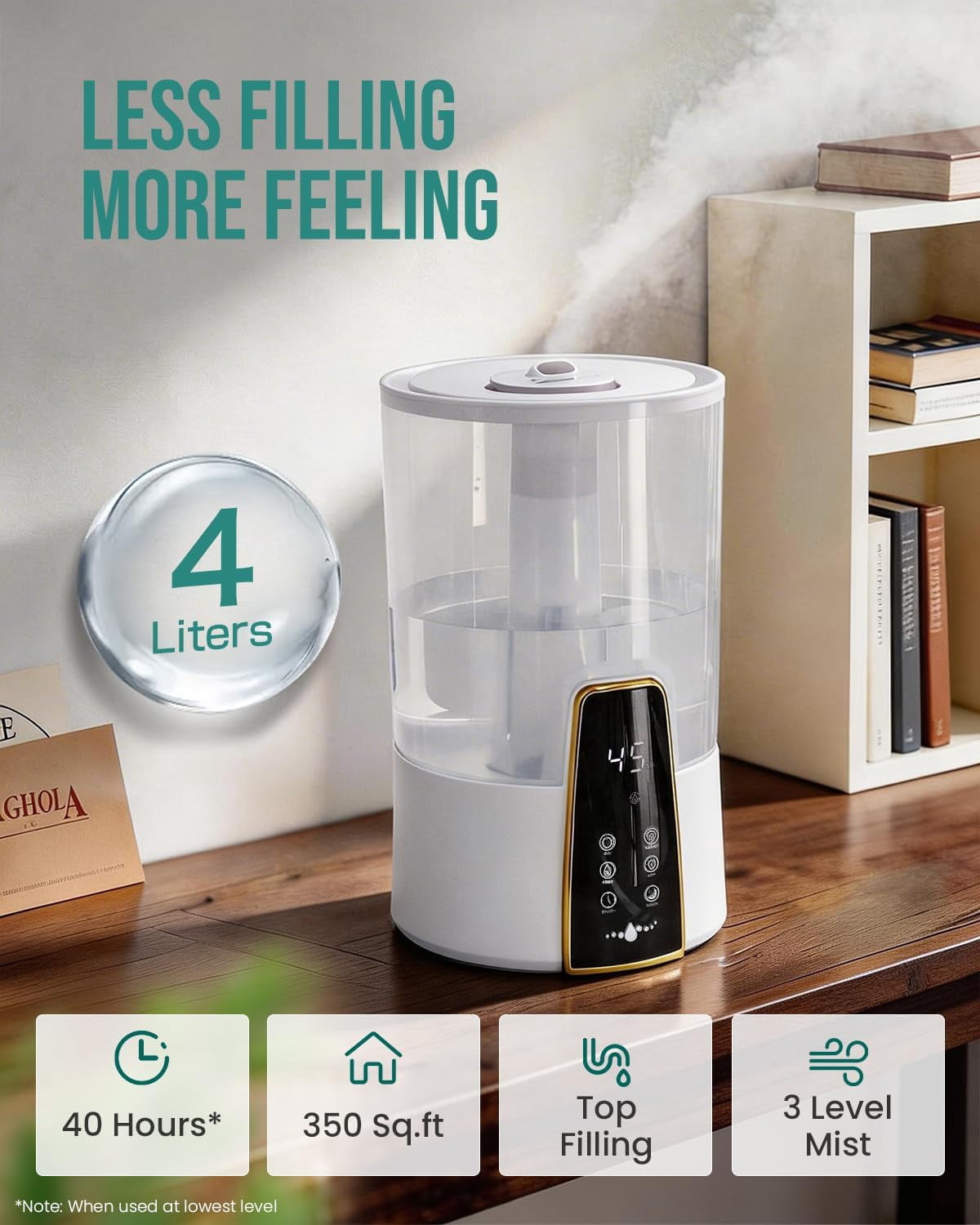 Humidifiers for Bedroom,1.06Gal(4L) Dishwasher Safe Design Easy to Clean,Top Fill,Night Light,Aroma Diffuser,Humidity Control,12H Timer,Sleep Mode,3 Level Mist, Home,Nursery, White