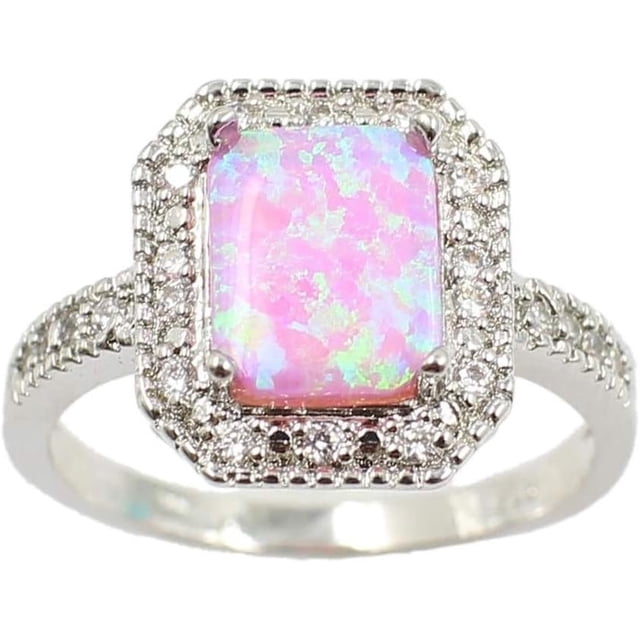 925 sterling silver fashion square cubic simulated opal ring for women girls marriage-style engagement jewelry ring thumbwheel ladies (color: color2, size: 9) Rosa square simulated opal with iridescent pink-blue-green flashes set in a square halo of small clear stones on a 925 sterling silver band, centered front view on white background; often used as an engagement or fashion ring and suitable for compact travel jewelry storage.