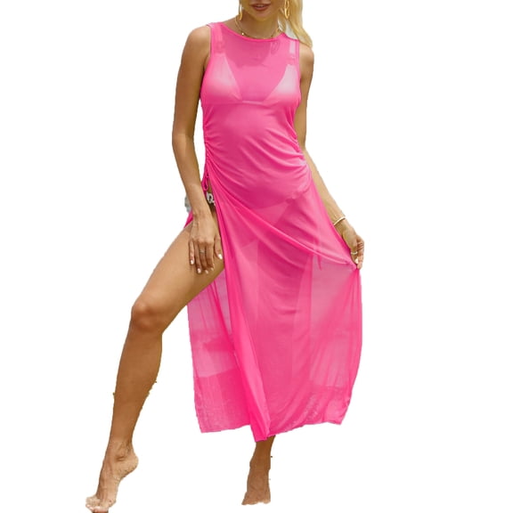 Kilaqueen Women's Sexy Sheer Mesh Long Cover up Dress High Split Drawstring Off Shoulder Bikini Long Dress