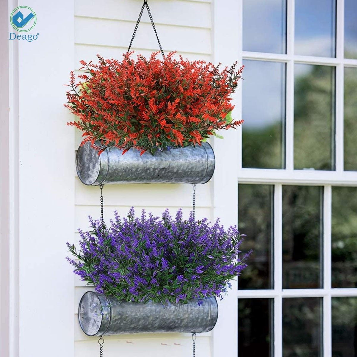 Deago 24 Bundles Artificial Lavender Flowers Outdoor Fake Flowers for Decoration UV Resistant No Fade Faux Plastic Plants Garden Porch Window Box Decor (Red)