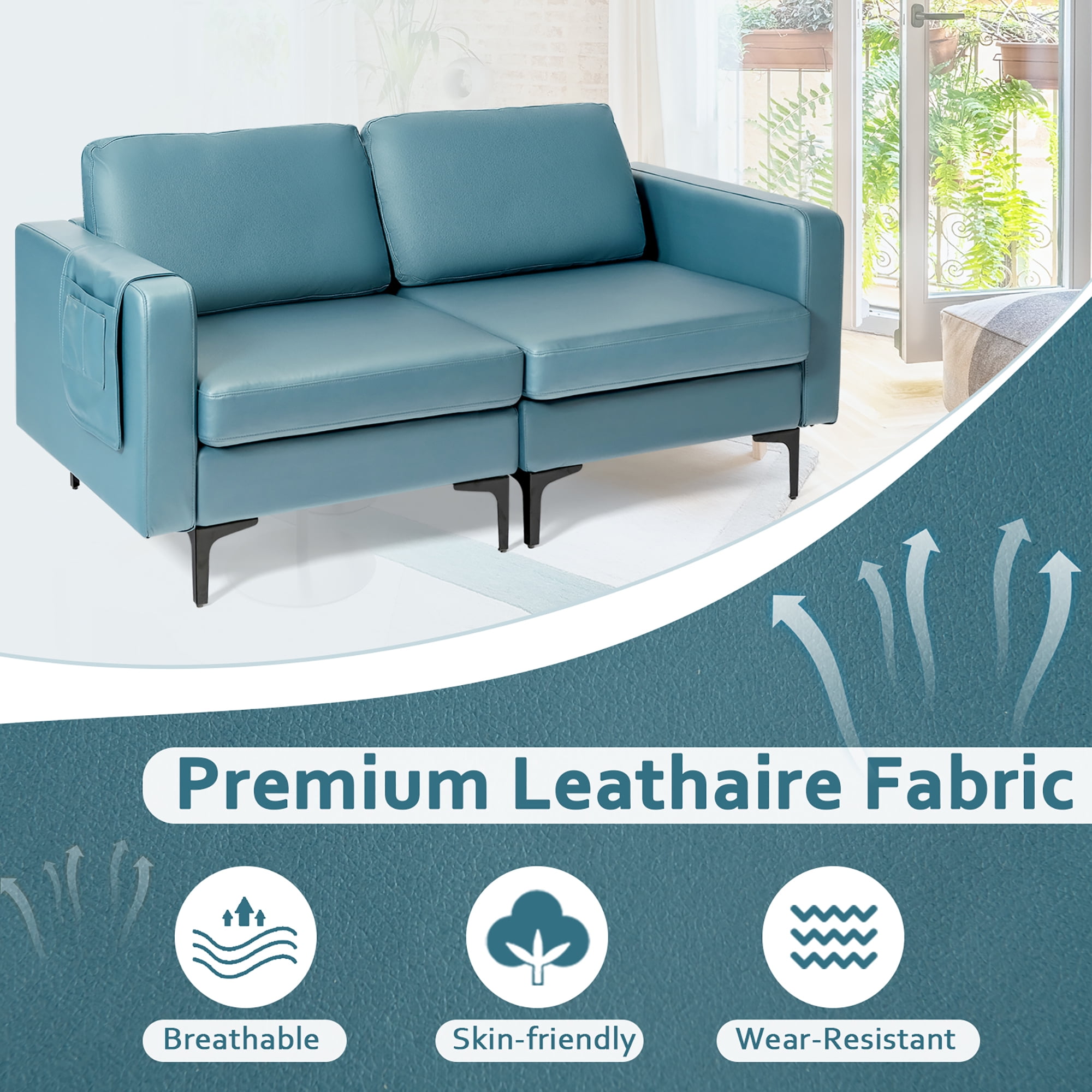 Costway Modern Loveseat Leathaire Fabric 2-Seat Sofa Couch w/ Side Storage Pocket Blue