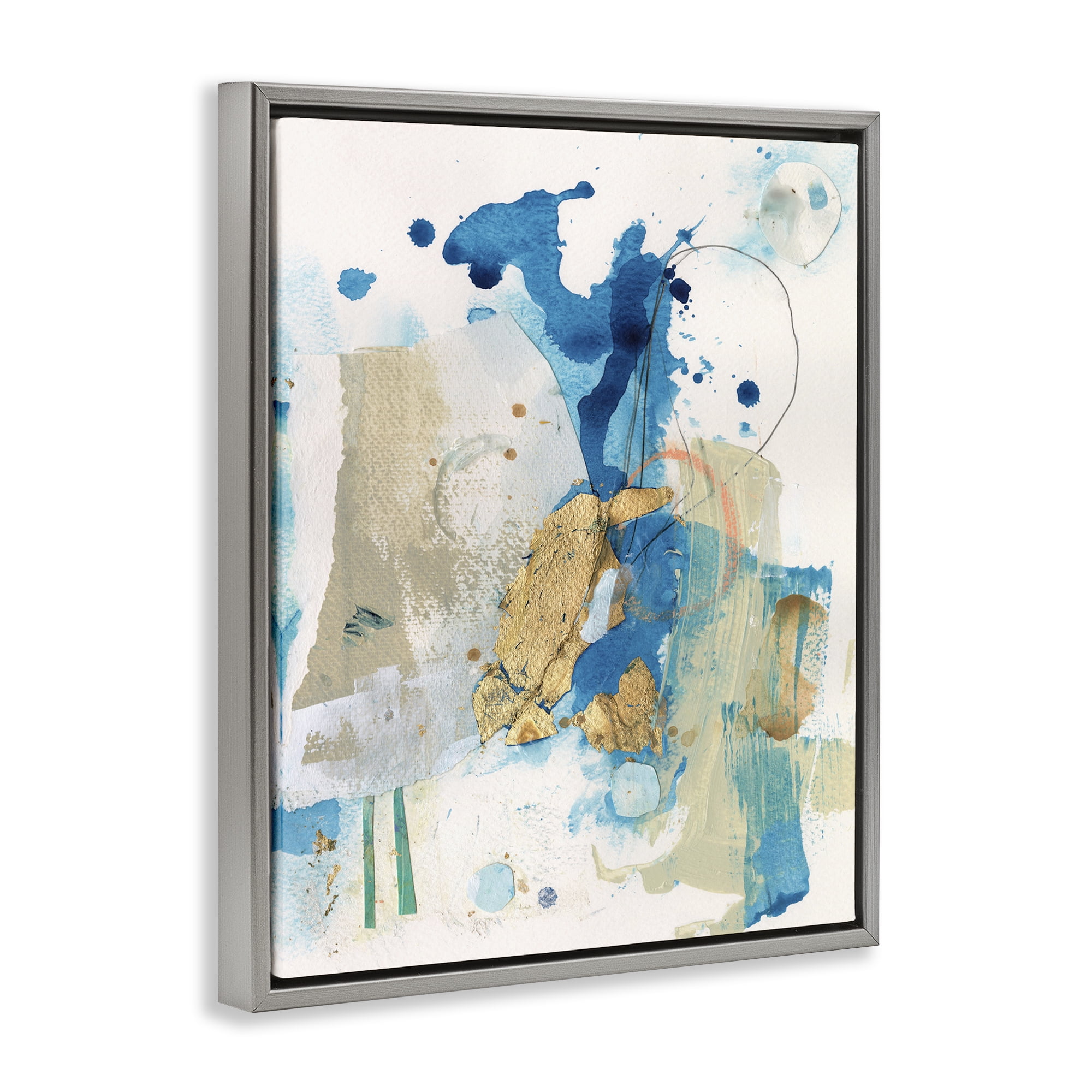 Stupell Industries Blue & Gold Splash Abstract Abstract Painting Gray Floater Framed Canvas Art Print Wall Art, 17 x 21