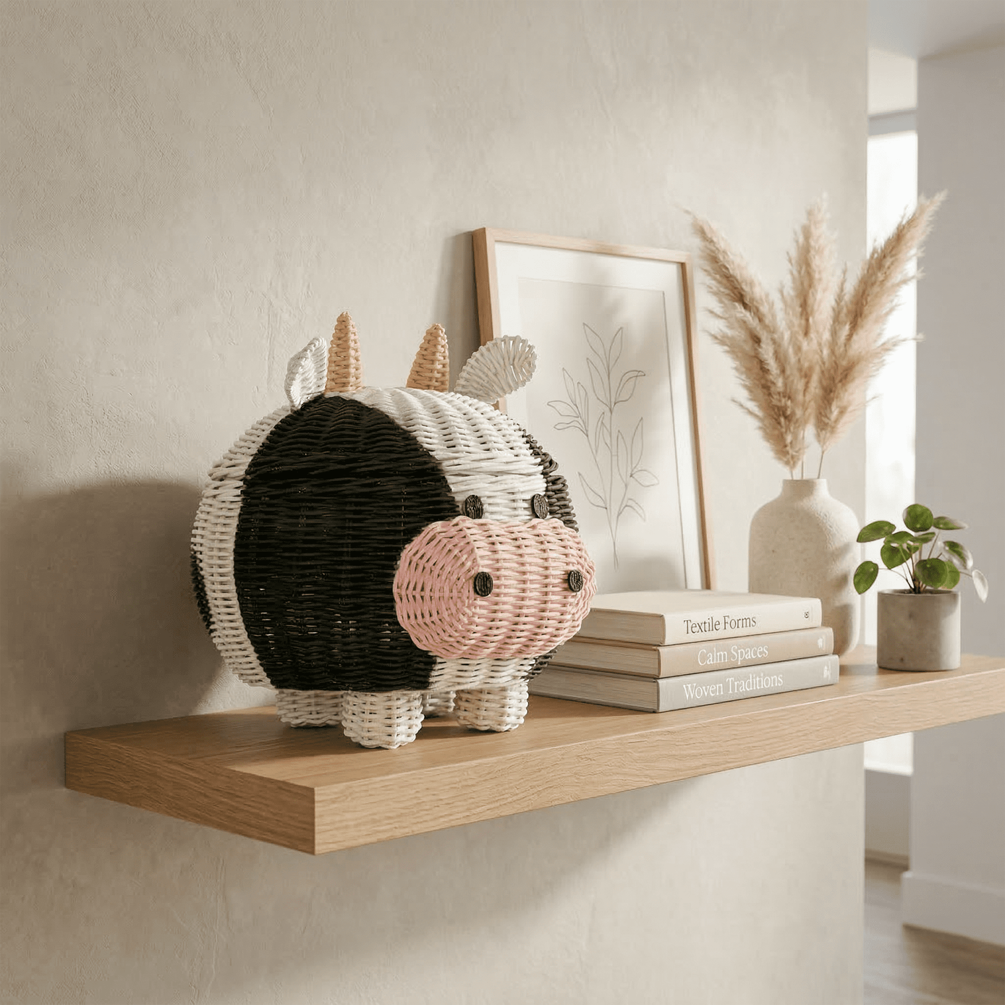 Cow Rattan Storage Basket with Lid Decorative Bin Home Decor Hand Woven Shelf Organizer Cute Handmade Handcrafted Gift Art Decoration Artwork Wicker
