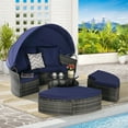 thumbnail image 2 of 4 Pieces Patio Furniture Round Outdoor Daybed,Wicker Rattan Sectional Sofa with Retractable Canopy,Wicker Conversation Set with Washable Cushions,Storable Table in Porch Backyard,Dark Blue, 2 of 7