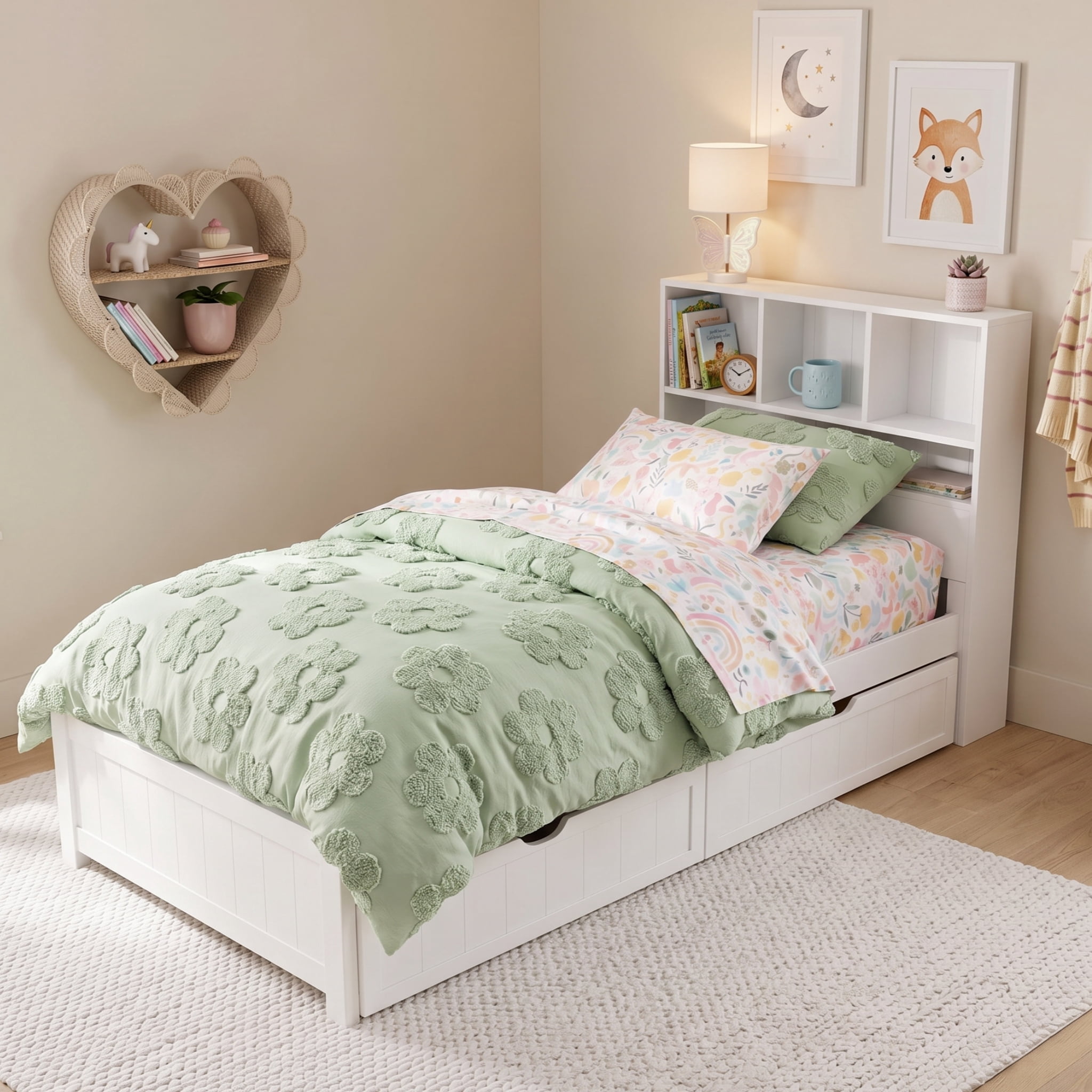 Euroco Wood Twin Size Platform Bed with Storage Headboard and Drawers, LED Light and USB Charging, White