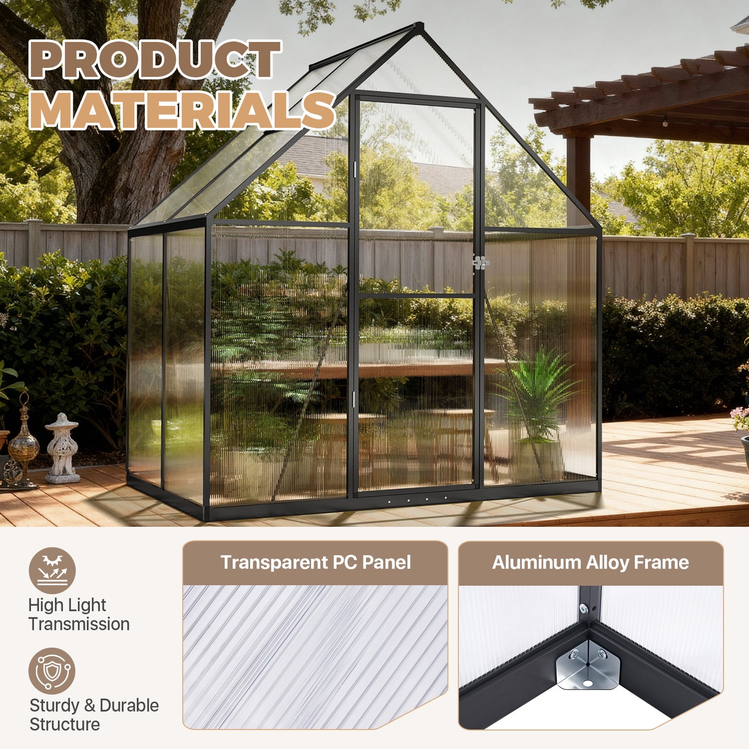 BaPiPro 6'x4' Outdoor Walk-in Greenhouse, Heavy-Duty Aluminum Frame, UV-Resistant Panels, Door & Roof Vent for Backyard Patio Winter Gardening & Seed Starting