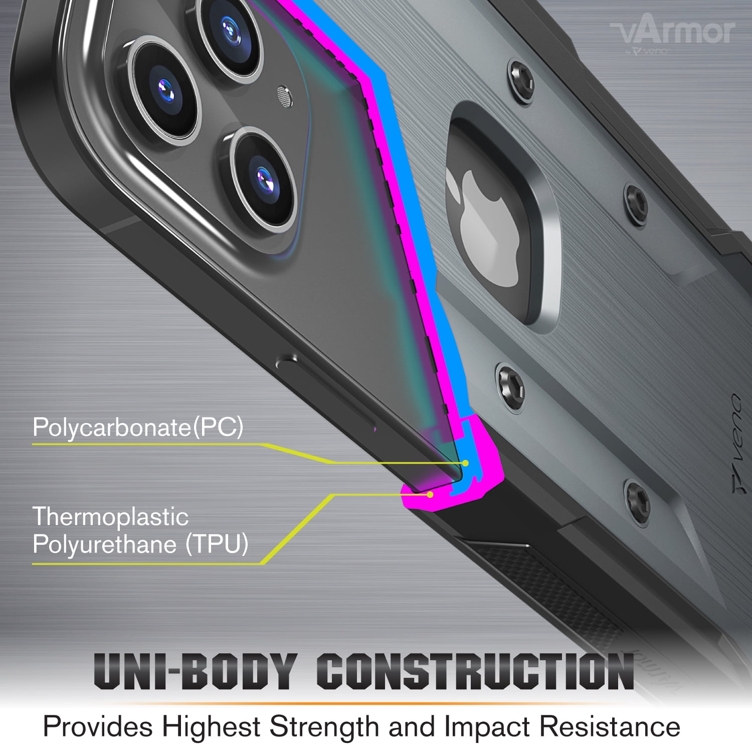 Vena iPhone 12 Pro Max (6.7") Case, [vArmor] Rugged Military Grade Heavy Duty Case with Belt Clip Swivel Holster and Kickstand - Space Gray / Black