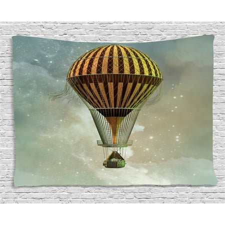 Steampunk Tapestry Fantasy World Hot Air Balloon Rising In The Night Sky Full Of Stars Themed Print Wall Hanging For Bedroom Living Room Dorm Decor