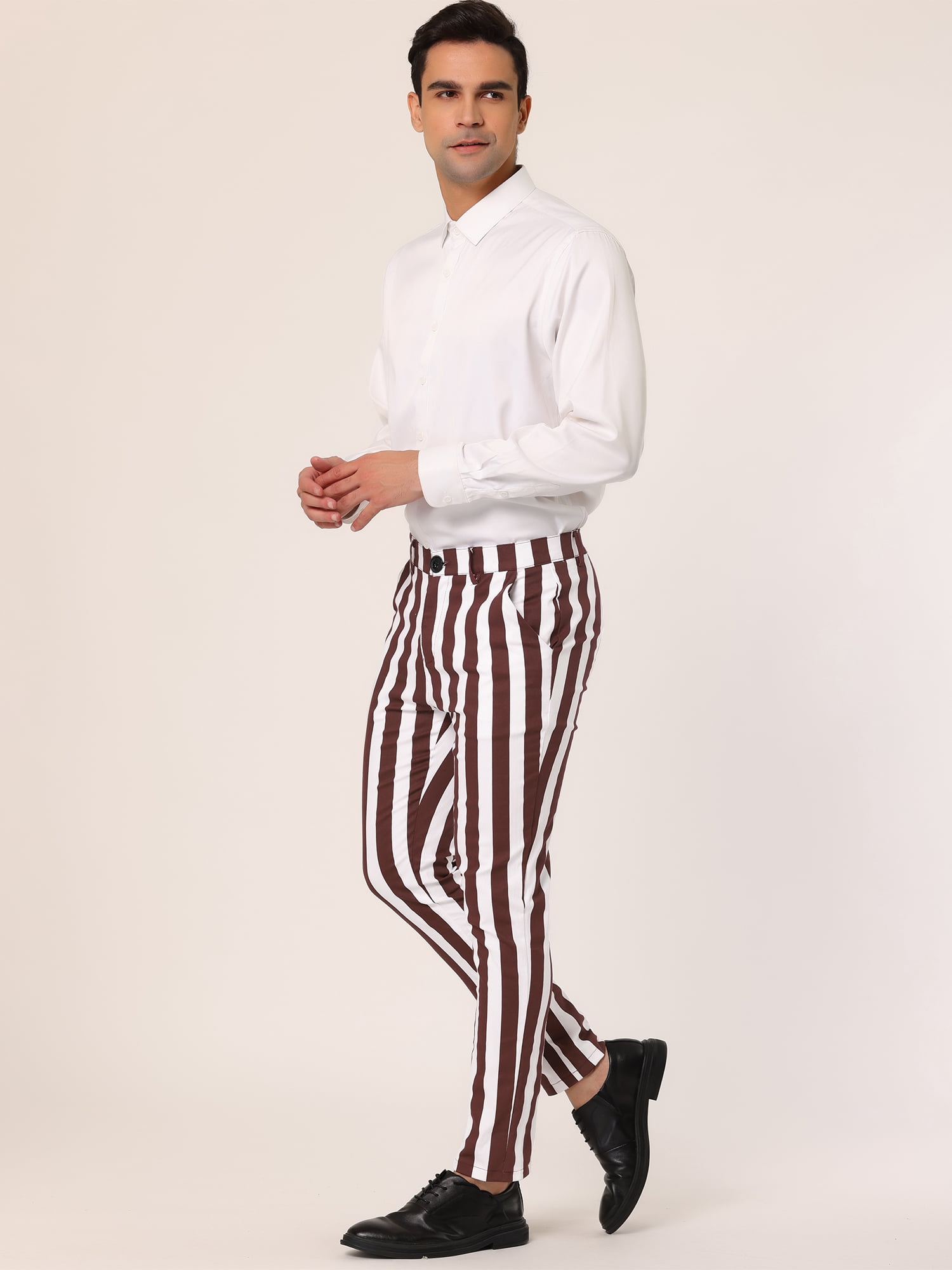 Unique Bargains Men's Striped Pants Business Skinny Fit Color Block Trousers 40 Brown White