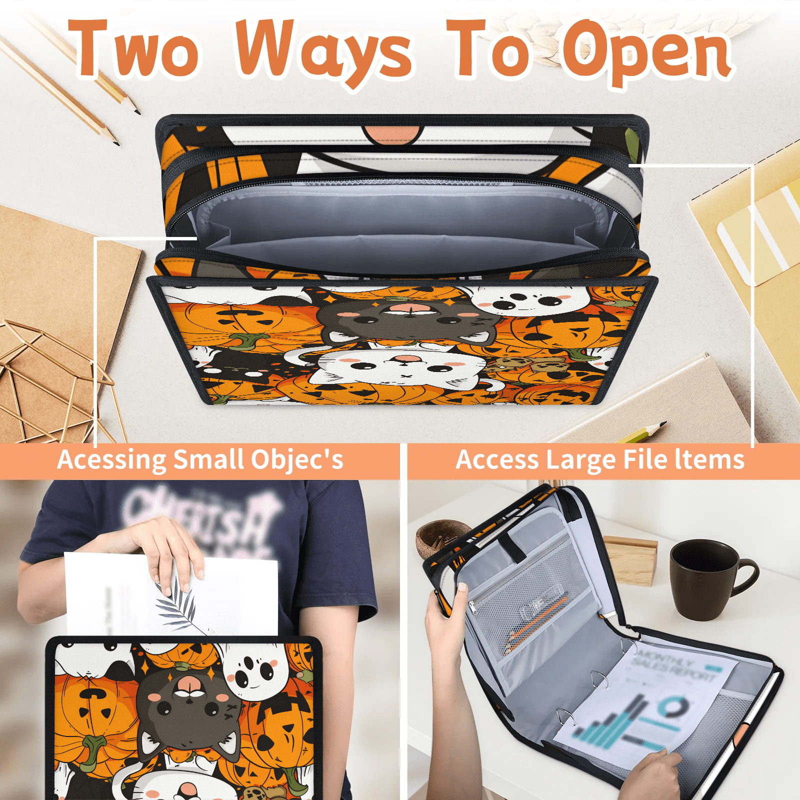Herdesigns Halloween Pumpkin Zipper Binder 1.5 Inch 3 D-Rings with Shoulder Strap & Handle, Waterproof Cute Cat Binder Organizer Bag for 13 Inch Laptop