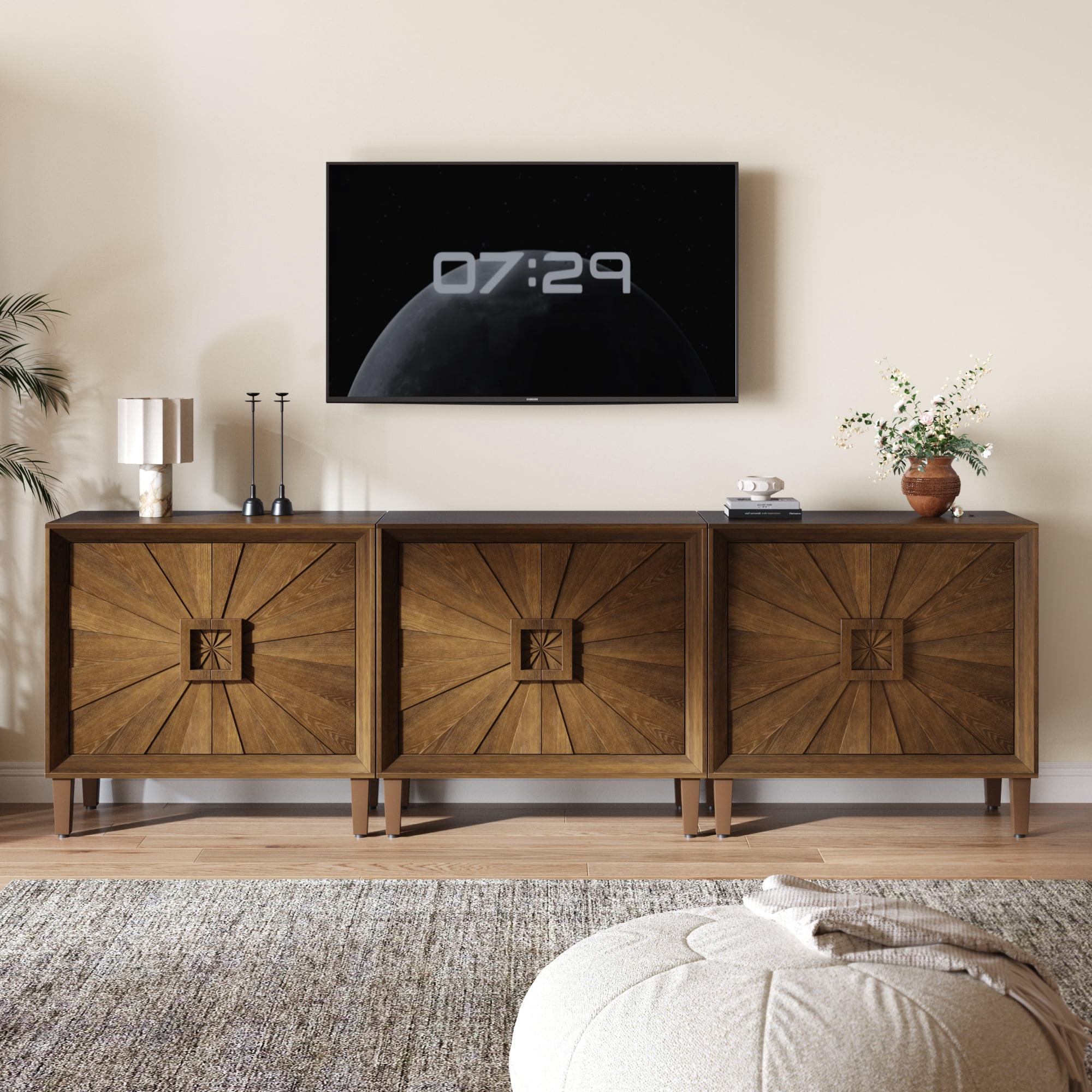 31.5" Modular Credenza Sideboard Buffet, Small Space Cabinet with Symmetrical Sunburst Doors, Accent Cabinet with Adjustable Shelves for Dining Room, Entryway & Hallway